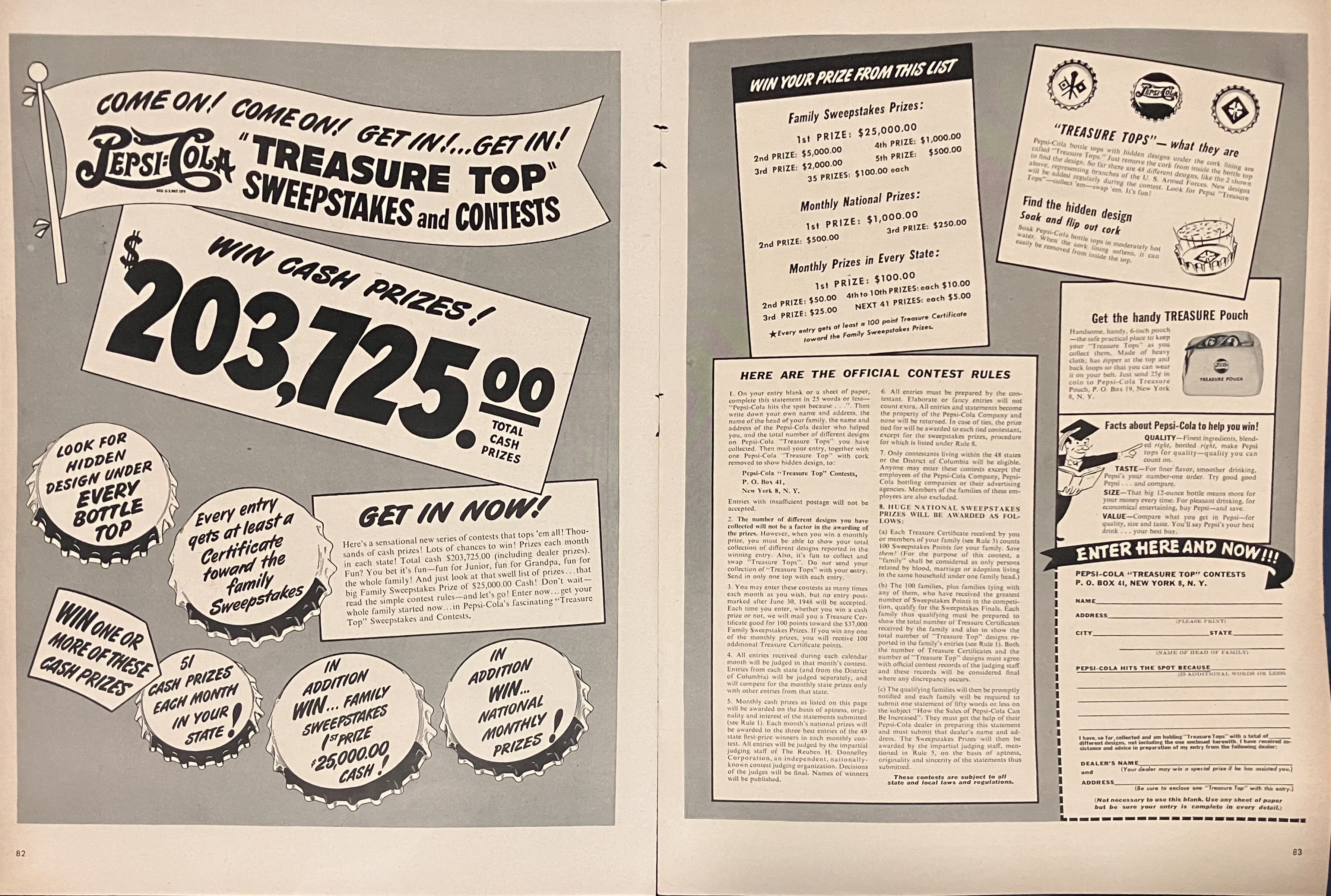 Two page print add for Pepsi Treasure Tops contests