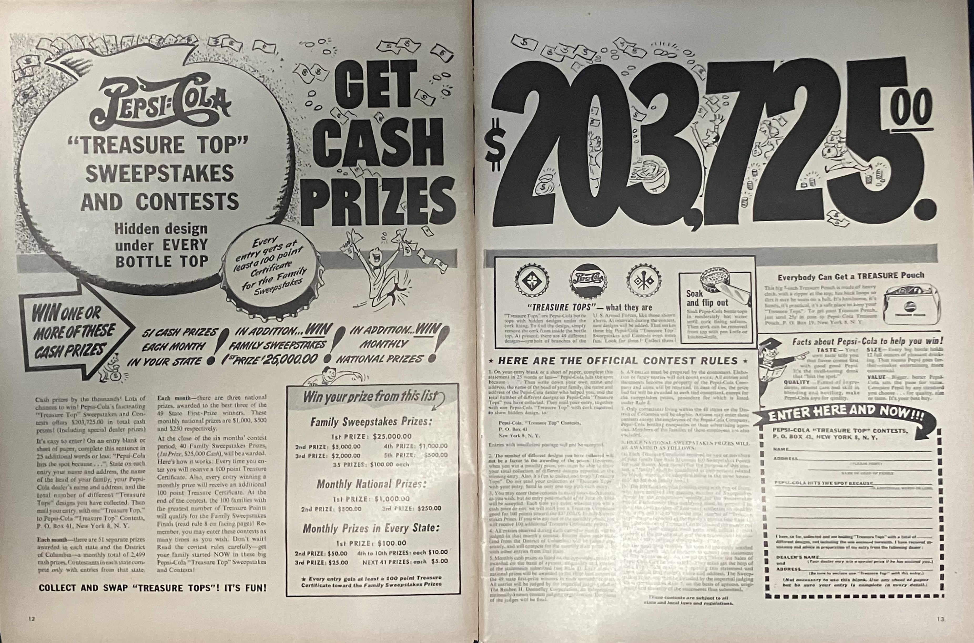 Two page print add for Pepsi Treasure Tops contests