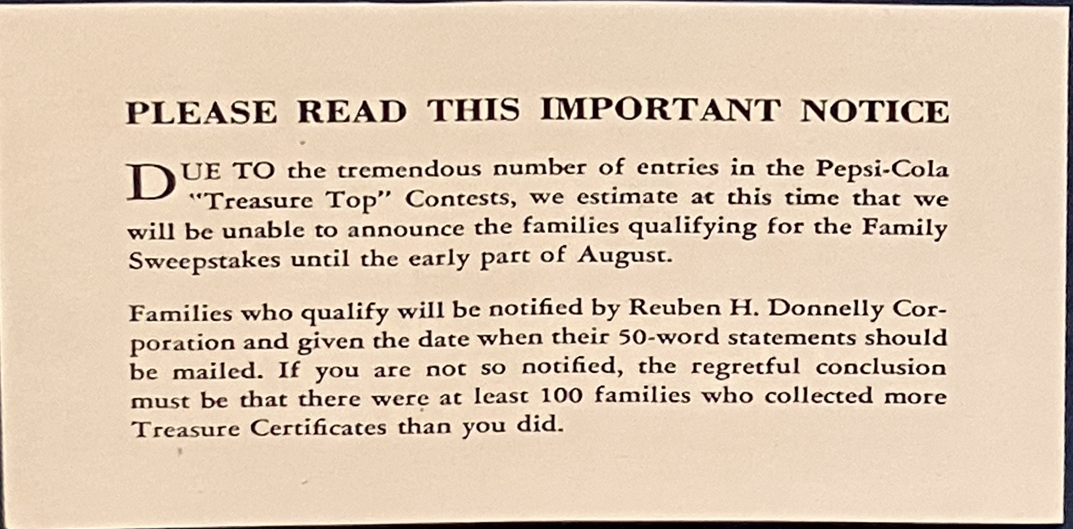 Note from Pepsi about possible elimination from the sweepstakes final